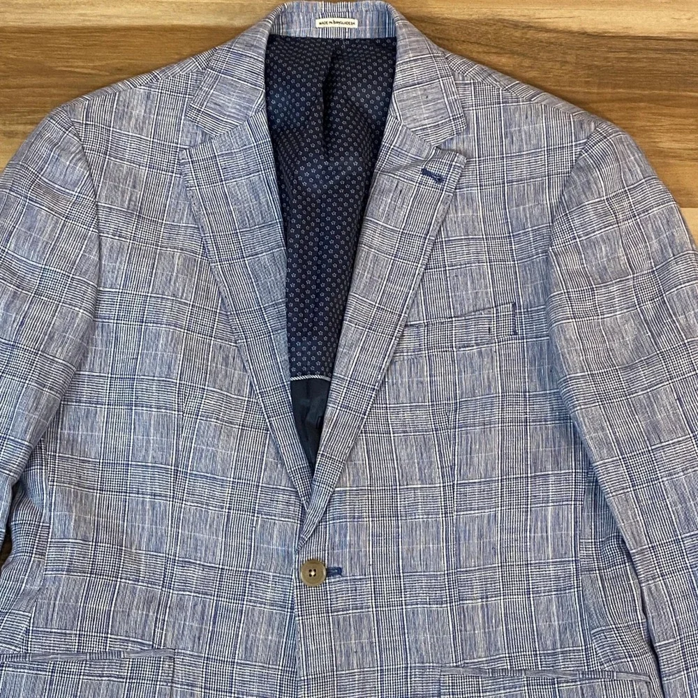 Joseph Abboud Mens Blazer 38 Regular Blue Plaid 100% Linen Two Button Coat